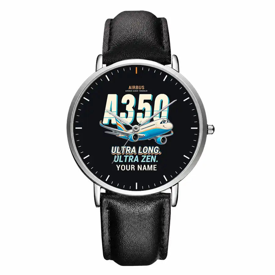 Airbus A350-1000ULR - Cartoon + Name - Slim Leather - Silver and Black Leather Strap