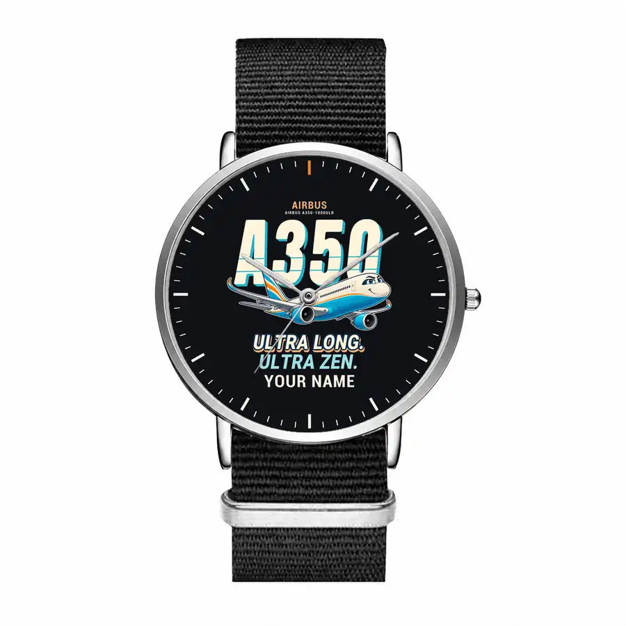 Airbus A350-1000ULR - Cartoon + Name - Slim Leather - Silver and Black Nylon Strap