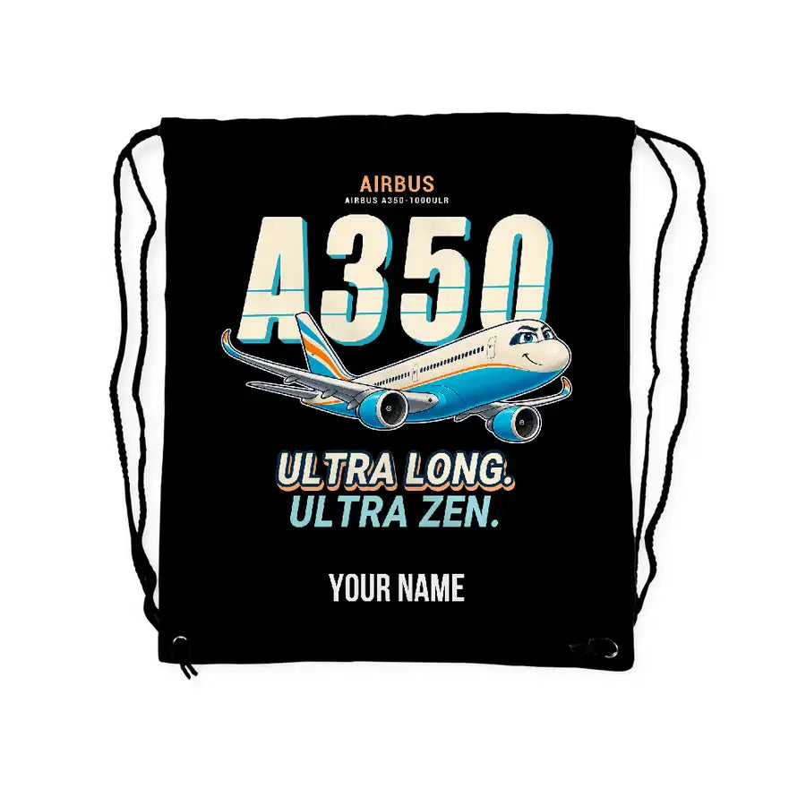 Airbus A350-1000ULR - Drawstring Bag - Cartoon + Name - Black