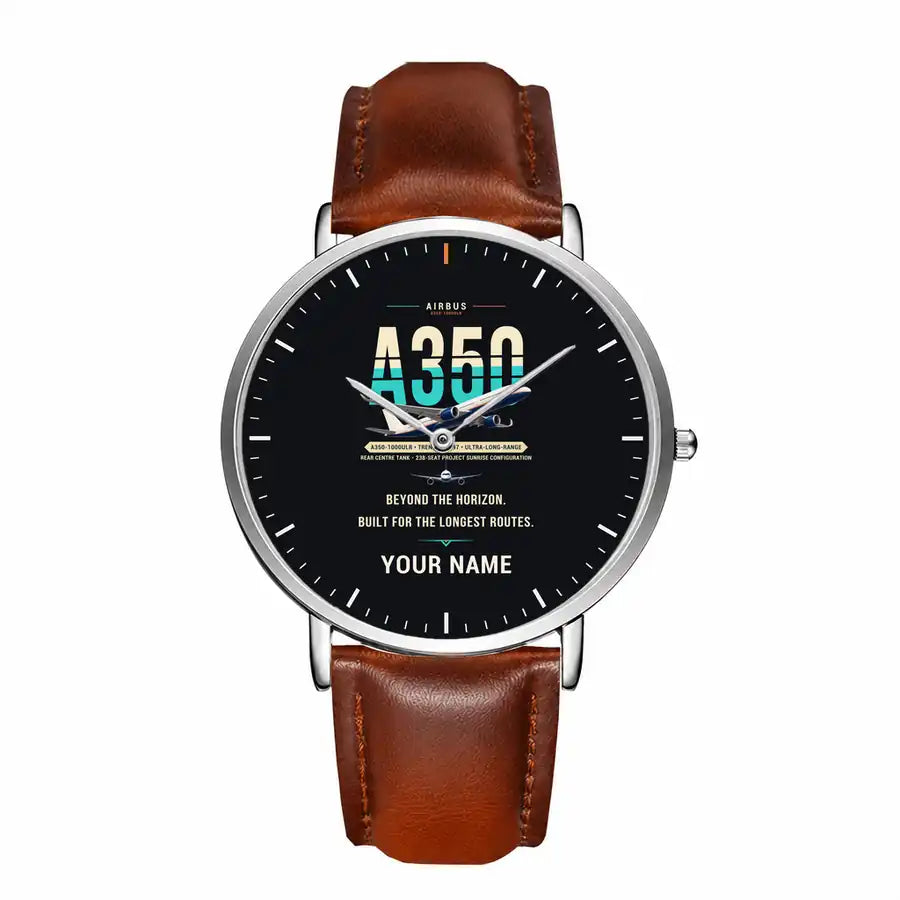 Airbus A350-1000ULR - Original + Name - Slim Leather - Silver and Brown Leather Strap