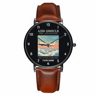 Thumbnail for Airbus A350-1000ULR - Poster + Name - Slim Leather - Black and Brown Leather Strap