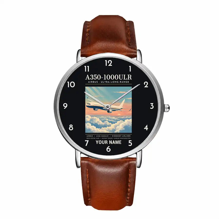 Airbus A350-1000ULR - Poster + Name - Slim Leather - Silver and Brown Leather Strap