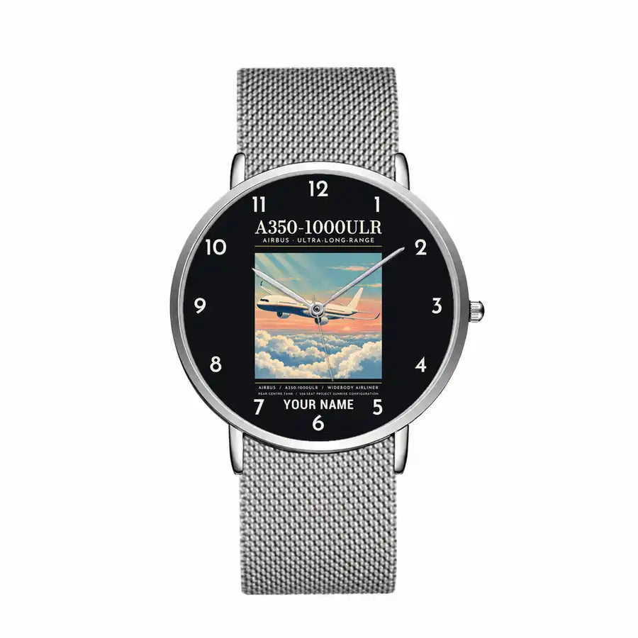 Airbus A350-1000ULR - Poster + Name - Slim Mesh - Silver and Silver Stainless Steel Strap