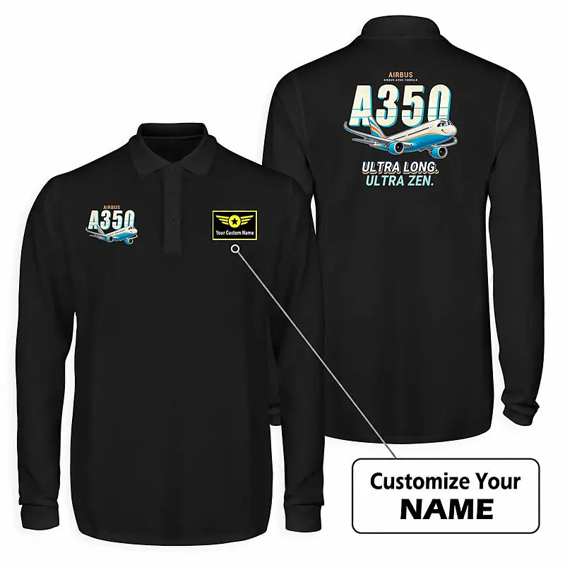 Airbus A350-1000ULR Premium Polo T-Shirts - Cartoon + Name - Long Sleeve - Black