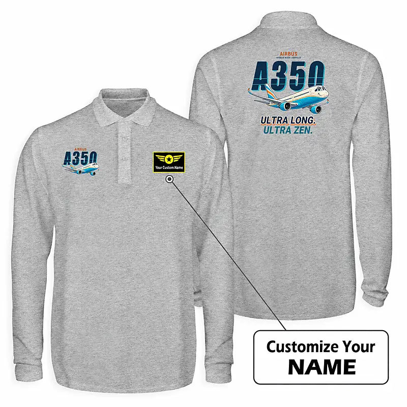 Airbus A350-1000ULR Premium Polo T-Shirts - Cartoon + Name - Long Sleeve - Gray