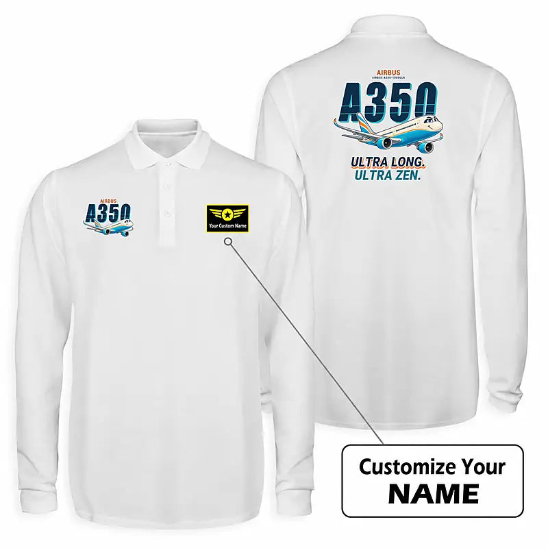 Airbus A350-1000ULR Premium Polo T-Shirts - Cartoon + Name - Long Sleeve - White