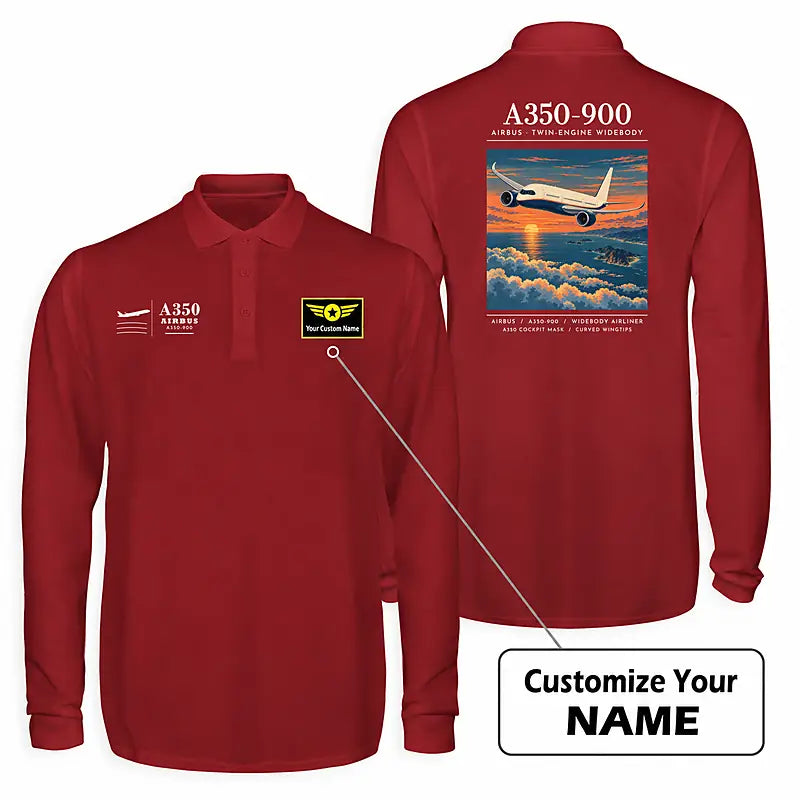 Airbus A350-900 Premium Polo T-Shirts - Poster + Name - Long Sleeve - Dark Red