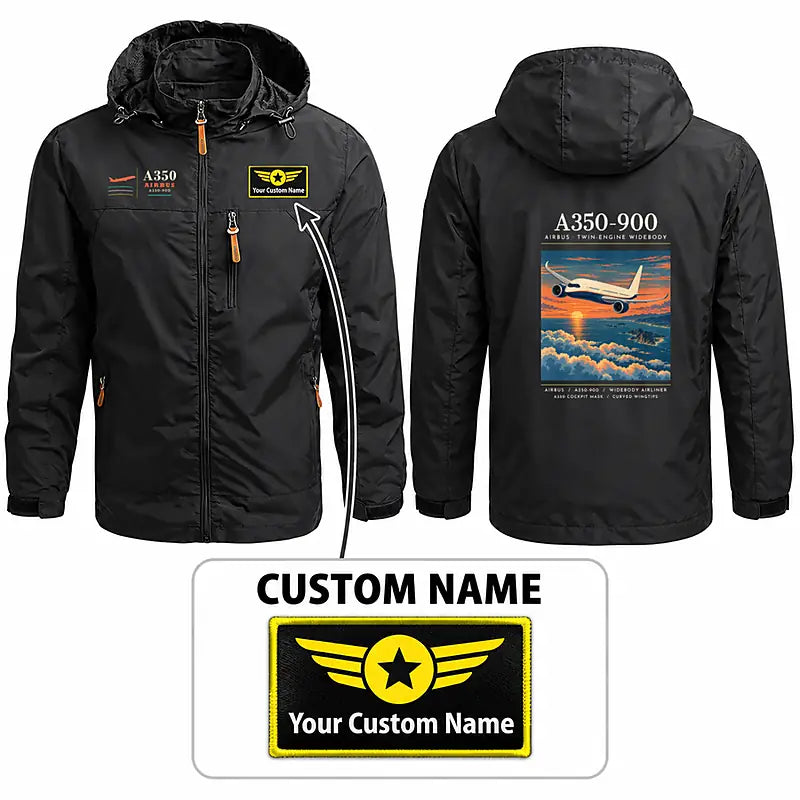 Airbus A350-900 Stylish Jackets - Hooded Windbreaker - Poster + Name - Black