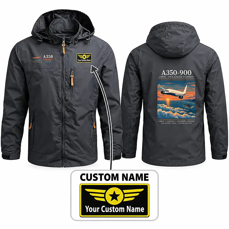 Airbus A350-900 Stylish Jackets - Hooded Windbreaker - Poster + Name - Charcoal