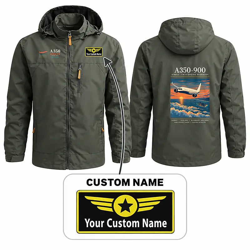Airbus A350-900 Stylish Jackets - Hooded Windbreaker - Poster + Name - Olive Green