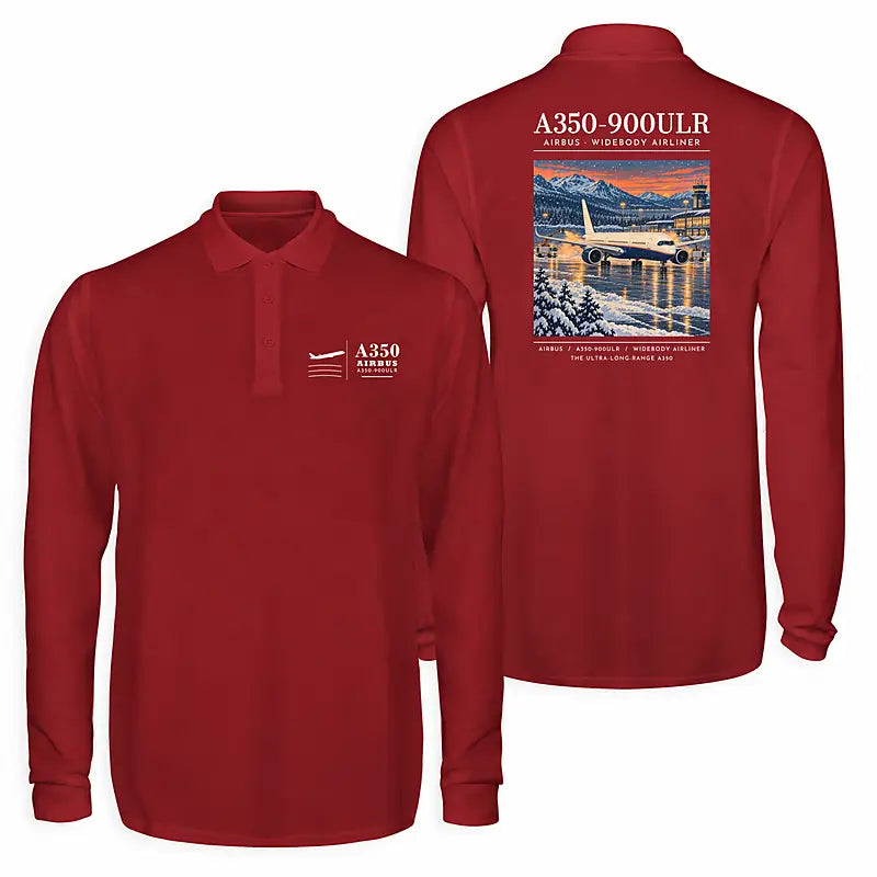 Airbus A350-900ULR Premium Polo T-Shirts - Poster - Long Sleeve - Dark Red