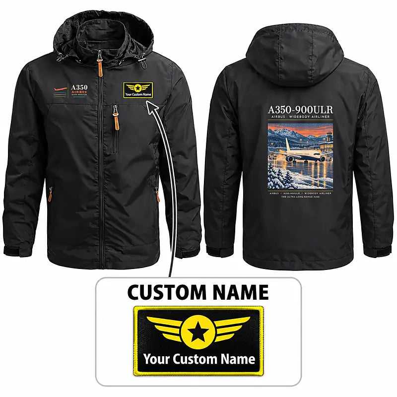 Airbus A350-900ULR Stylish Jackets - Hooded Windbreaker - Poster + Name - Black