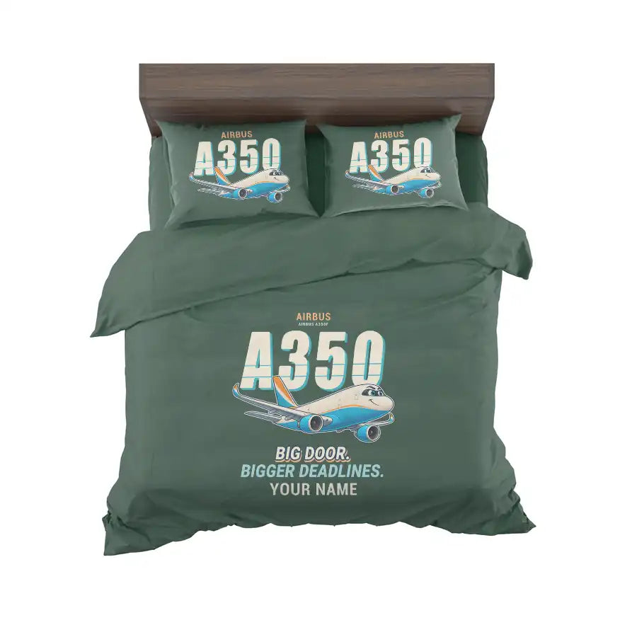 Airbus A350F - Cartoon + Name - Bedding Set - Dark Green