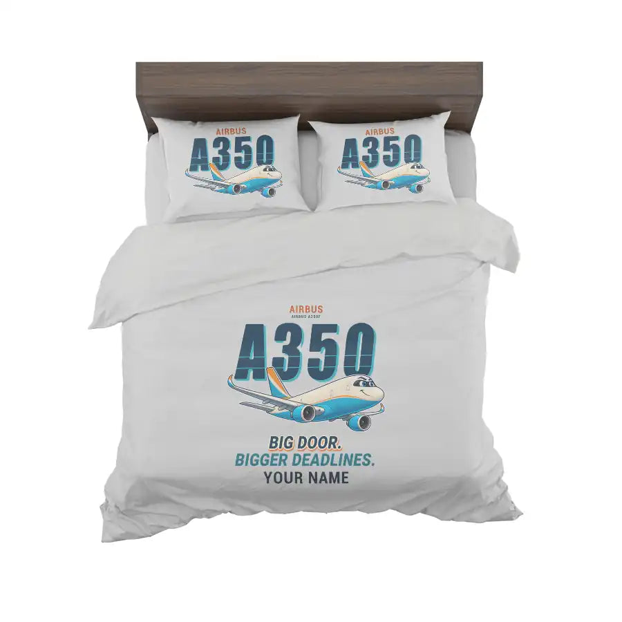 Airbus A350F - Cartoon + Name - Bedding Set - Light Gray