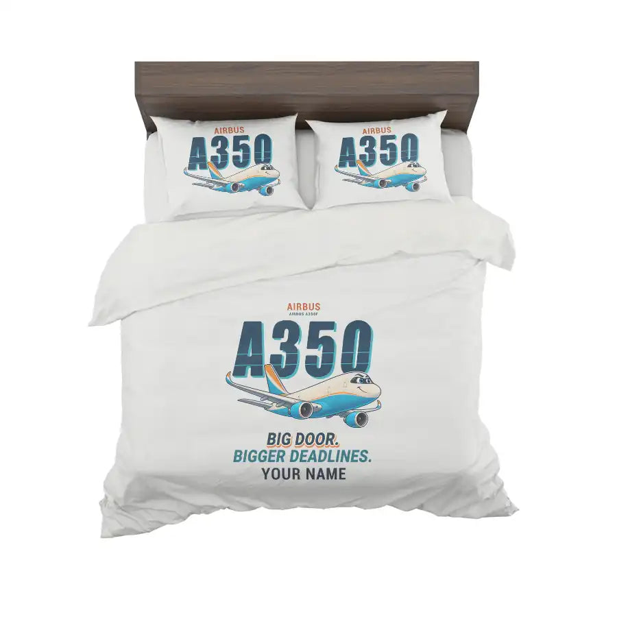 Airbus A350F - Cartoon + Name - Bedding Set - White