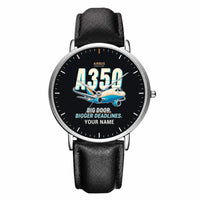 Thumbnail for Airbus A350F - Cartoon + Name - Slim Leather - Silver and Black Leather Strap