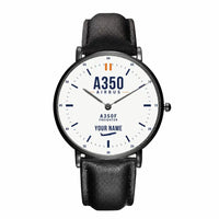Thumbnail for Airbus A350F - Classic - White + Name - Slim Leather - Black and Black Leather Strap