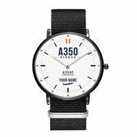 Thumbnail for Airbus A350F - Classic - White + Name - Slim Leather - Black and Black Nylon Strap