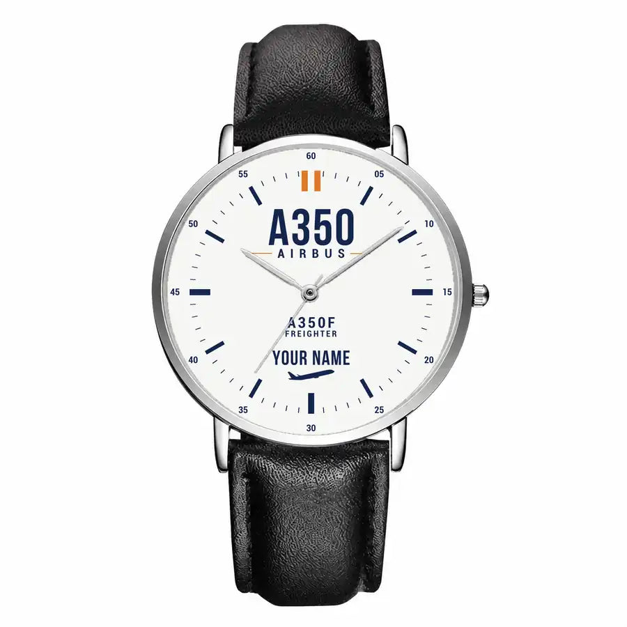 Airbus A350F - Classic - White + Name - Slim Leather - Silver and Black Leather Strap