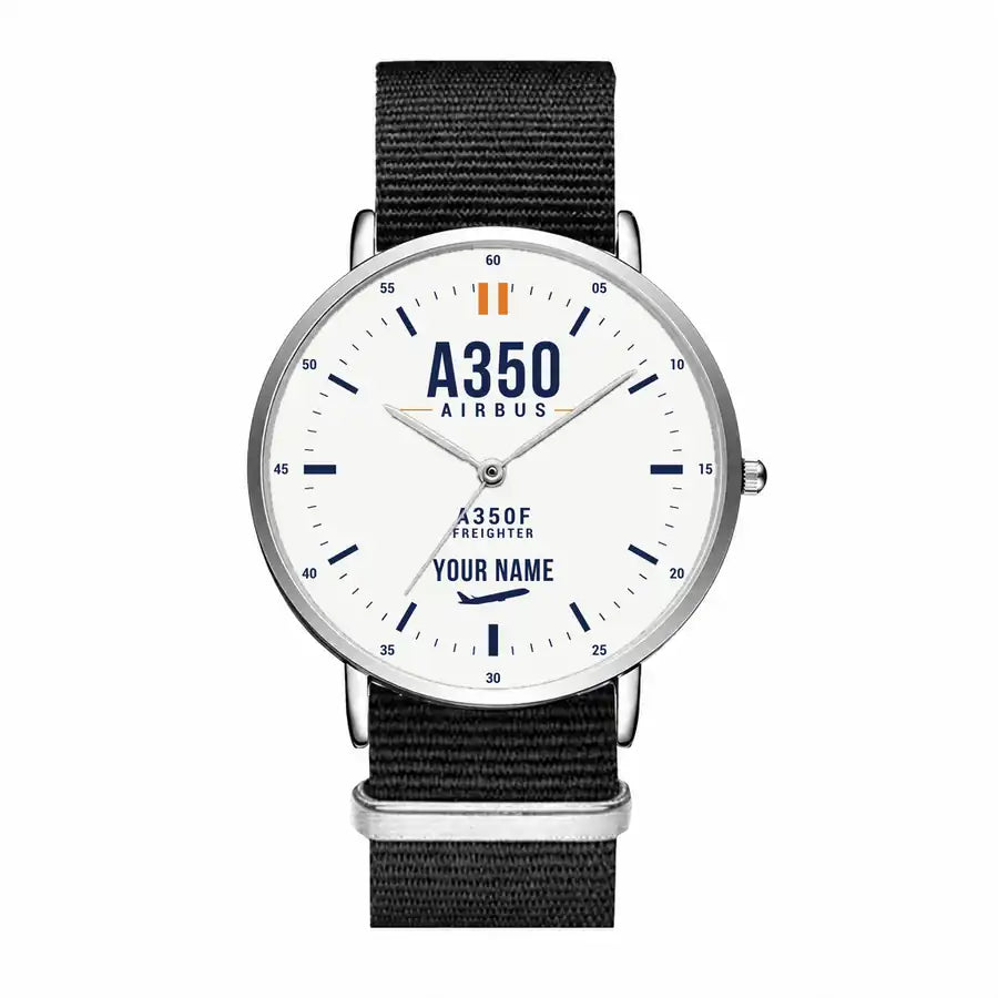 Airbus A350F - Classic - White + Name - Slim Leather - Silver and Black Nylon Strap