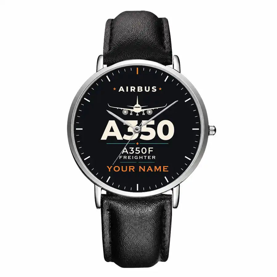 Airbus A350F - Heritage + Name - Slim Leather - Silver and Black Leather Strap