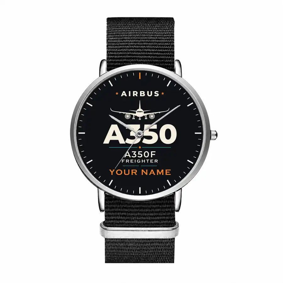 Airbus A350F - Heritage + Name - Slim Leather - Silver and Black Nylon Strap