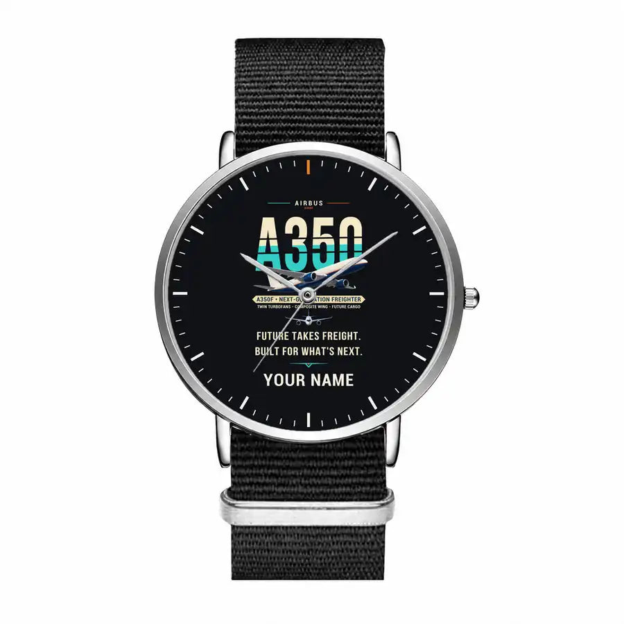 Airbus A350F - Original + Name - Slim Leather - Silver and Black Nylon Strap