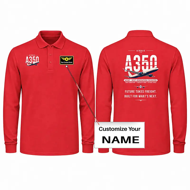 Airbus A350F Premium Polo T-Shirts - Original + Name - Long Sleeve - Red