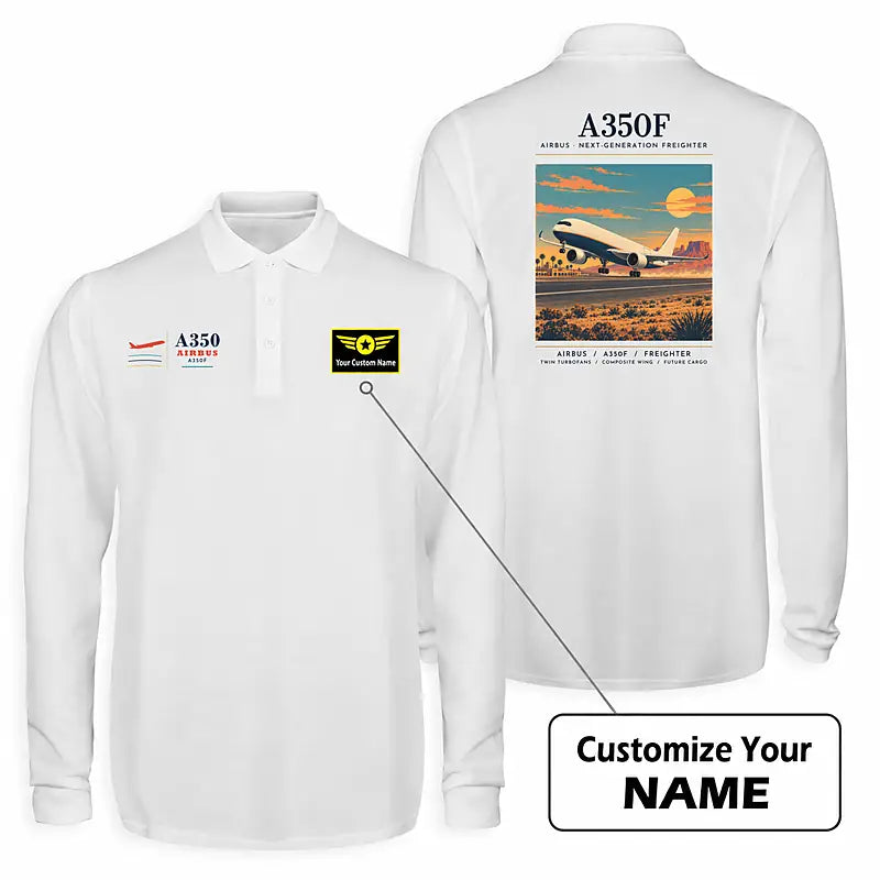 Airbus A350F Premium Polo T-Shirts - Poster + Name - Long Sleeve - White