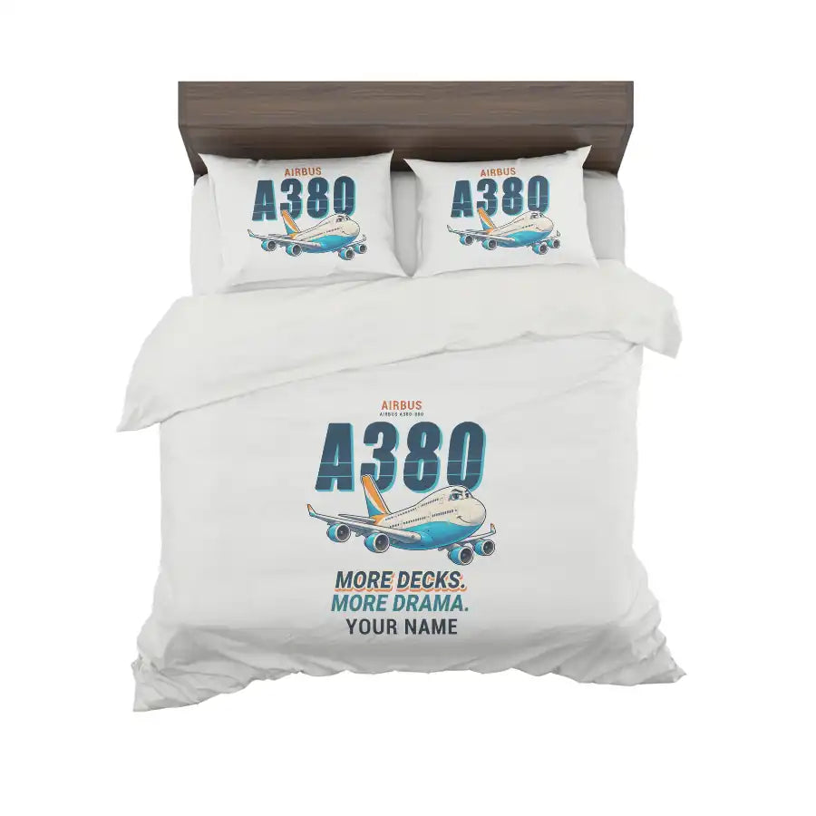 Airbus A380-800 - Cartoon + Name - Bedding Set - White