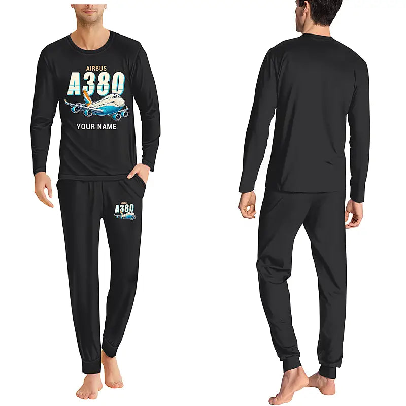 Airbus A380-800 - Men Pajamas - Cartoon Chest + Name - Black