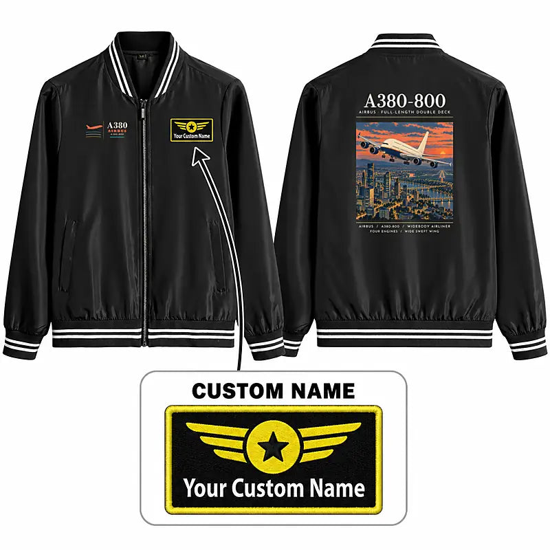 Airbus A380-800 Stylish Jackets - Baseball Collar - Poster + Name - Black