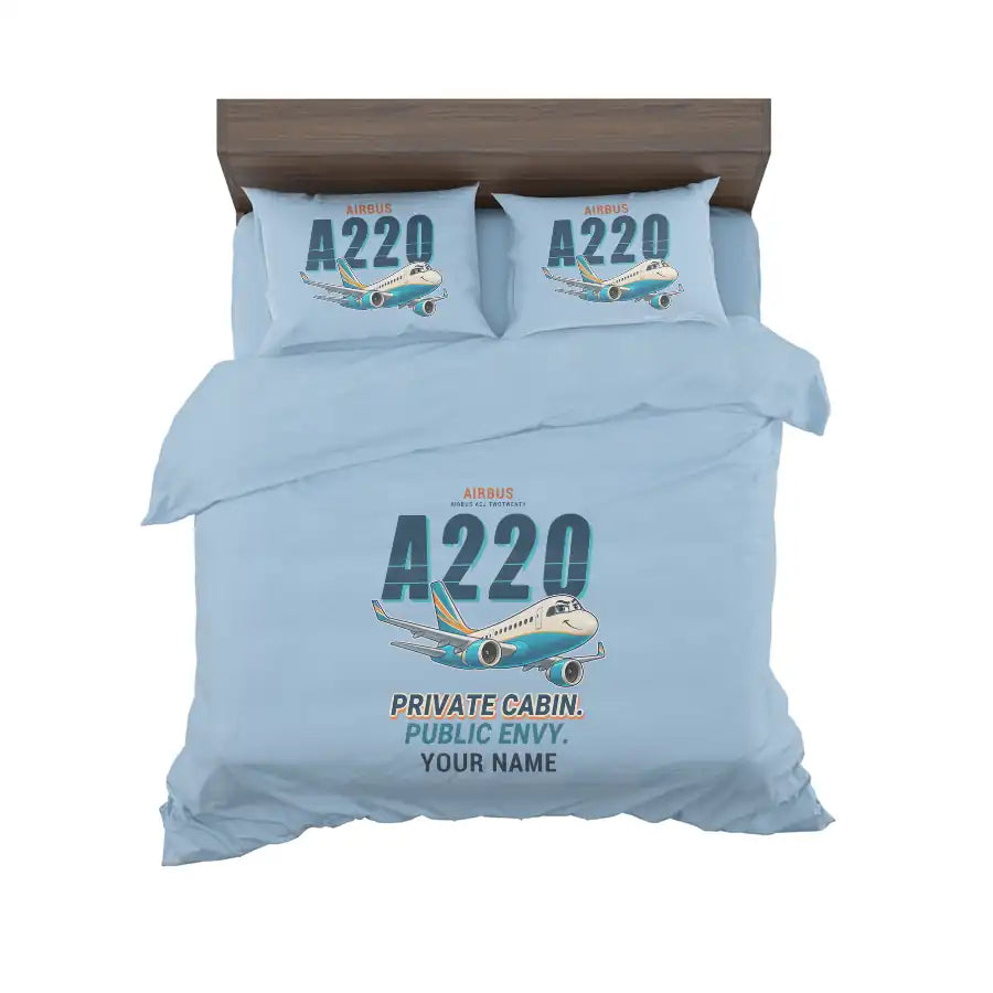 Airbus ACJ TwoTwenty - Cartoon + Name - Bedding Set - Light Blue