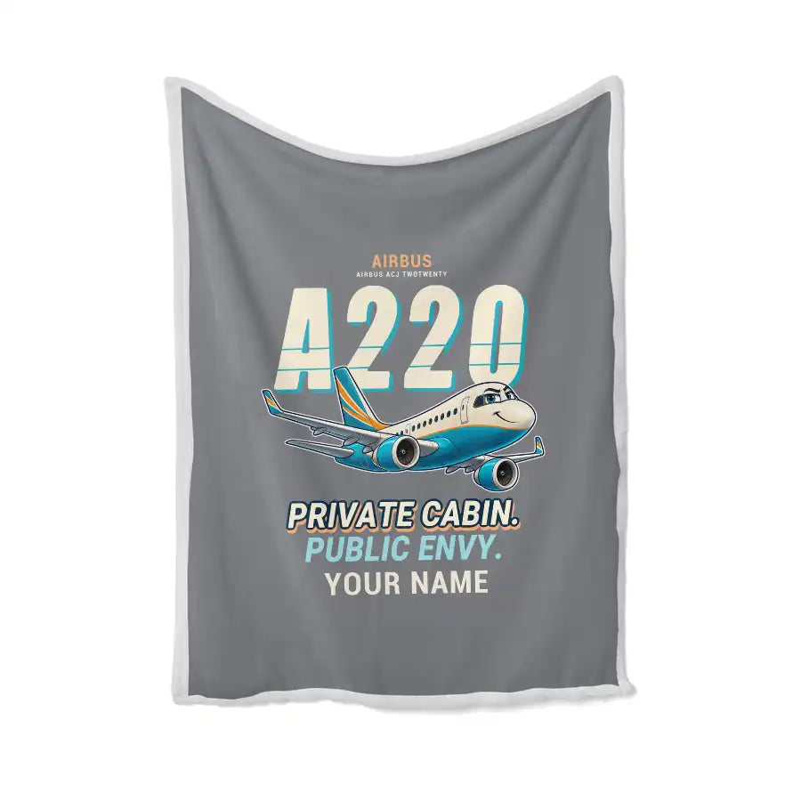 Airbus ACJ TwoTwenty - Cartoon + Name - Blanket - Gray