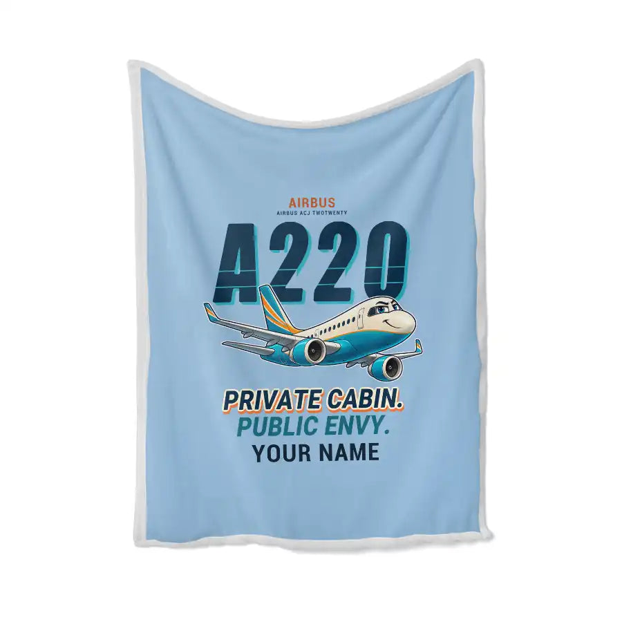 Airbus ACJ TwoTwenty - Cartoon + Name - Blanket - Light Blue