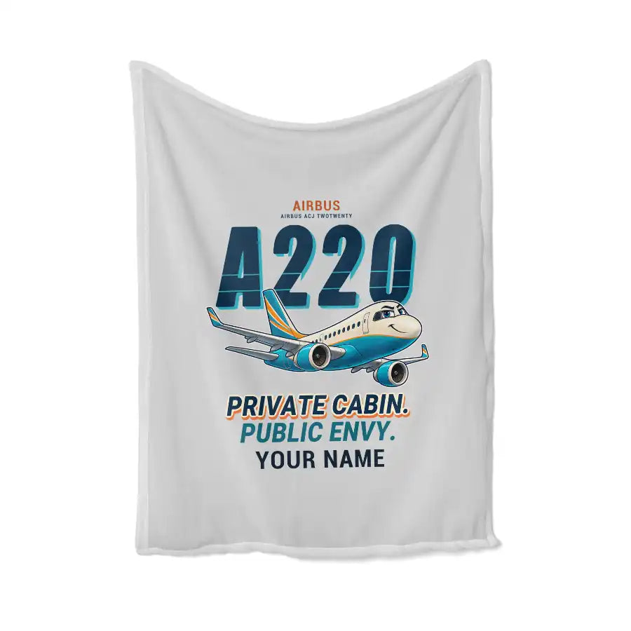 Airbus ACJ TwoTwenty - Cartoon + Name - Blanket - Light Gray