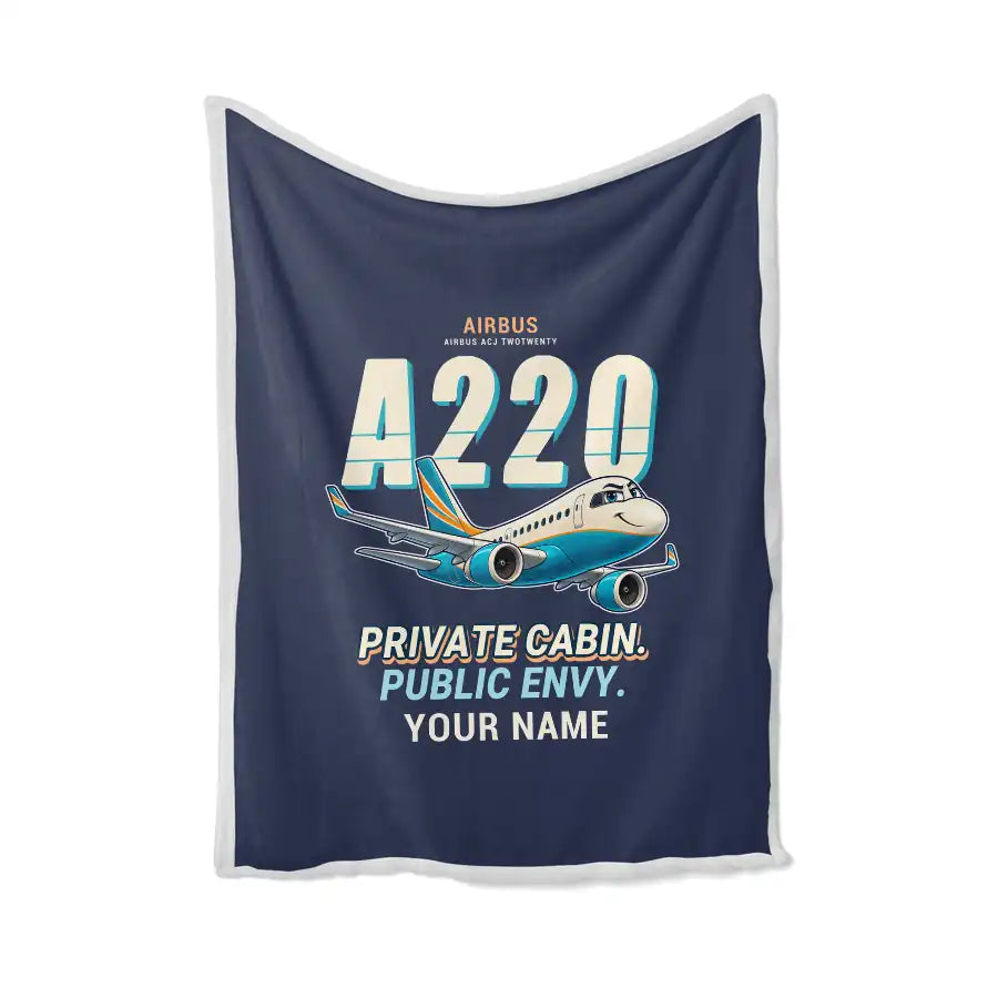 Airbus ACJ TwoTwenty - Cartoon + Name - Blanket - Navy Blue