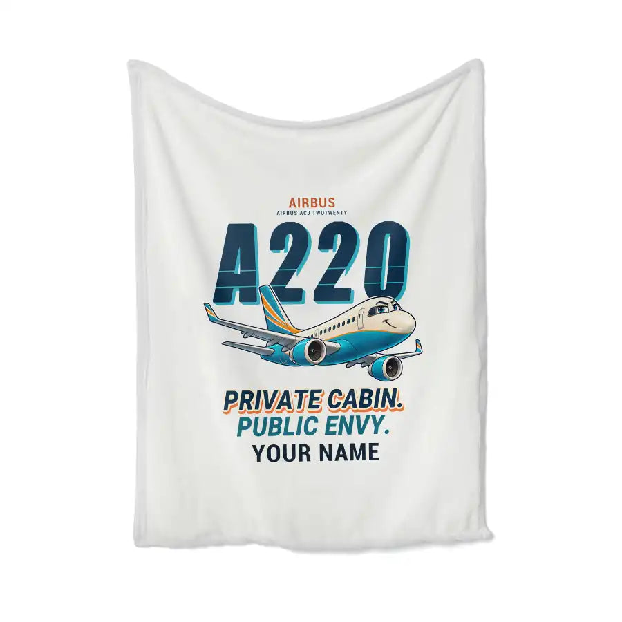 Airbus ACJ TwoTwenty - Cartoon + Name - Blanket - White