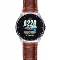 Thumbnail for Airbus ACJ TwoTwenty - Cartoon + Name - Leather Strap - Striped Brown Leather Strap