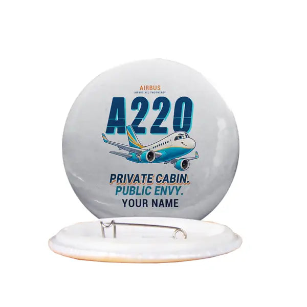 Airbus ACJ TwoTwenty - Cartoon + Name - Pin - Light Gray