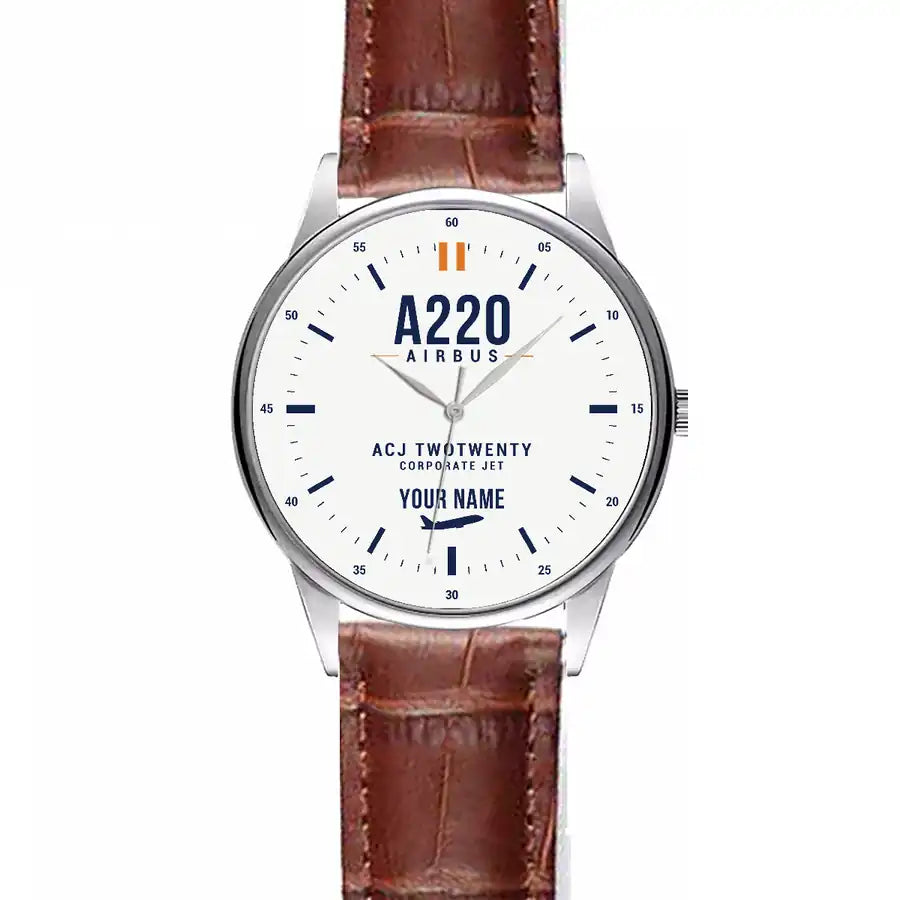 Airbus ACJ TwoTwenty - Classic - White + Name - Leather Strap - Striped Brown Leather Strap