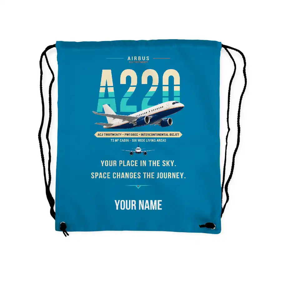 Airbus ACJ TwoTwenty - Drawstring Bag - Original + Name - Light Blue