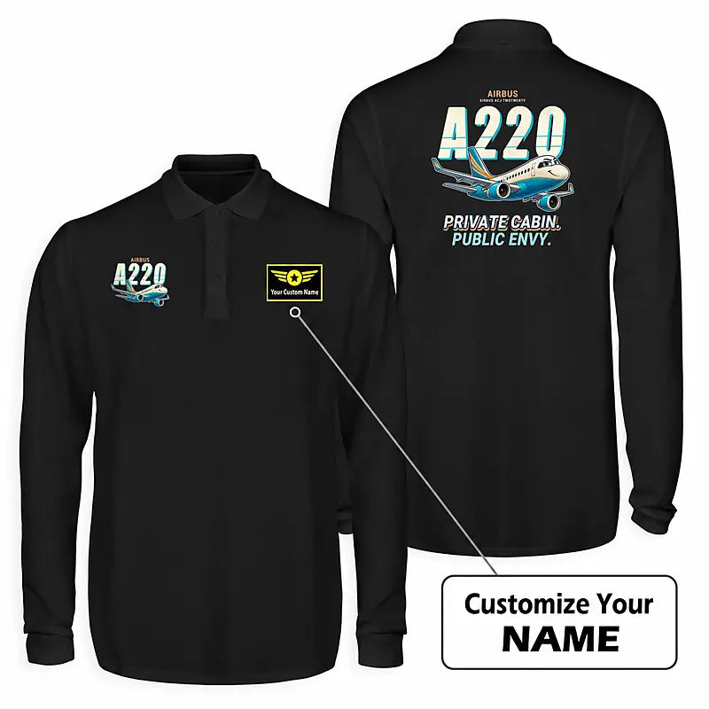 Airbus ACJ TwoTwenty Premium Polo T-Shirts - Cartoon + Name - Long Sleeve - Black