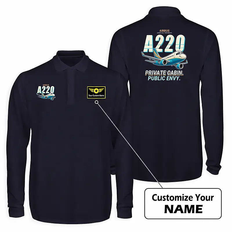Airbus ACJ TwoTwenty Premium Polo T-Shirts - Cartoon + Name - Long Sleeve - Dark Blue