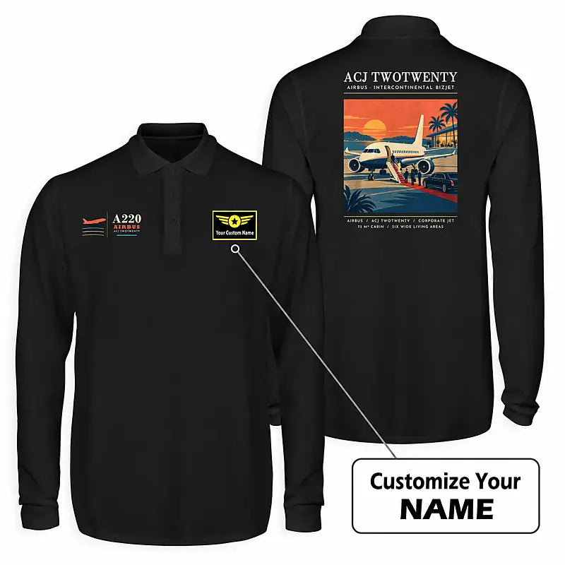 Airbus ACJ TwoTwenty Premium Polo T-Shirts - Poster + Name - Long Sleeve - Black