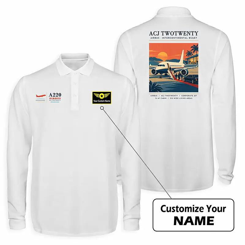 Airbus ACJ TwoTwenty Premium Polo T-Shirts - Poster + Name - Long Sleeve - White