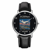 Thumbnail for Airbus ACJ319neo - Poster + Name - Slim Leather - Silver and Black Leather Strap