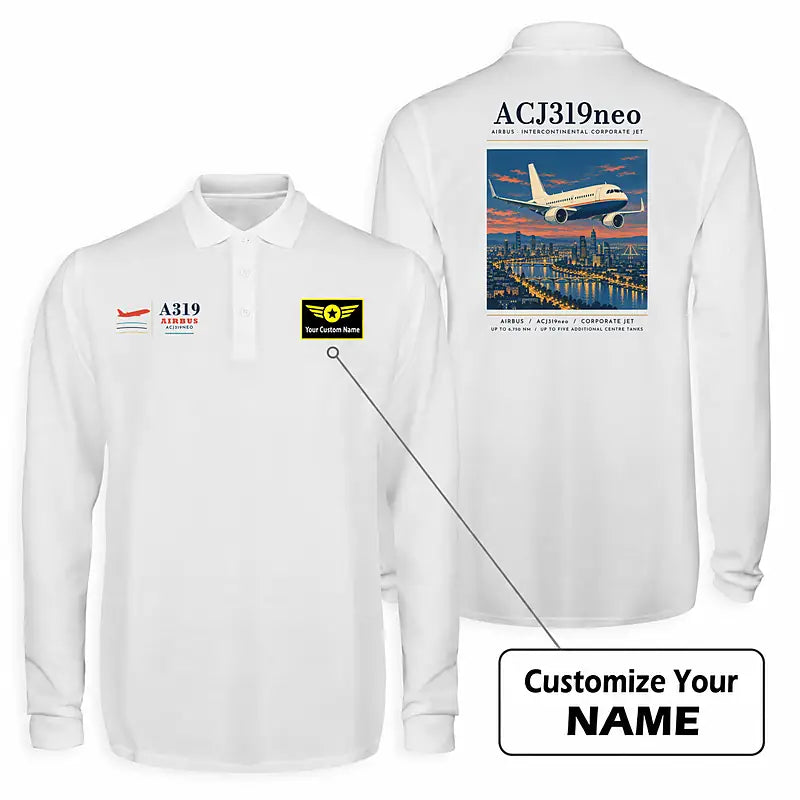 Airbus ACJ319neo Premium Polo T-Shirts - Poster + Name - Long Sleeve - White