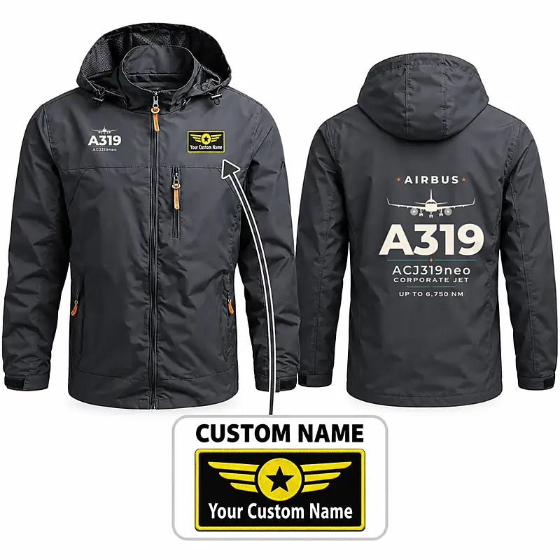 Airbus ACJ319neo Stylish Jackets - Hooded Windbreaker - Heritage + Name - Charcoal