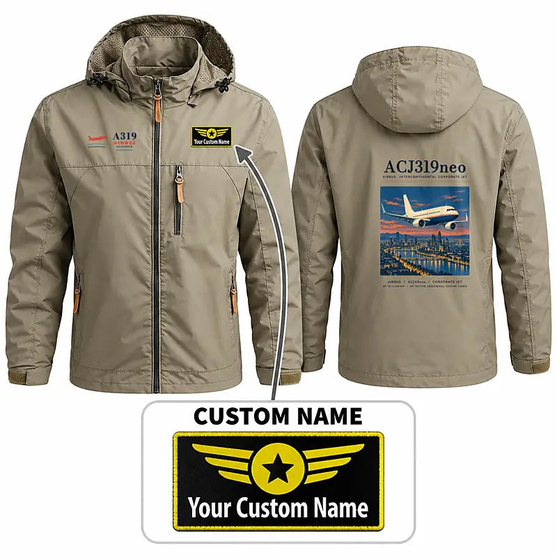 Airbus ACJ319neo Stylish Jackets - Hooded Windbreaker - Poster + Name - Khaki